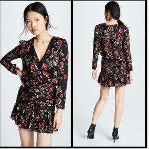 A.L.C. | Haven Ruched Floral Print 100% Silk Dress black red sz 0